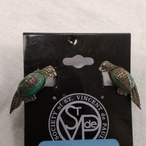Silver and Green Bird Earrings